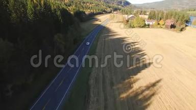 白车在挪威森林和田野中的乡间小路上行驶。
